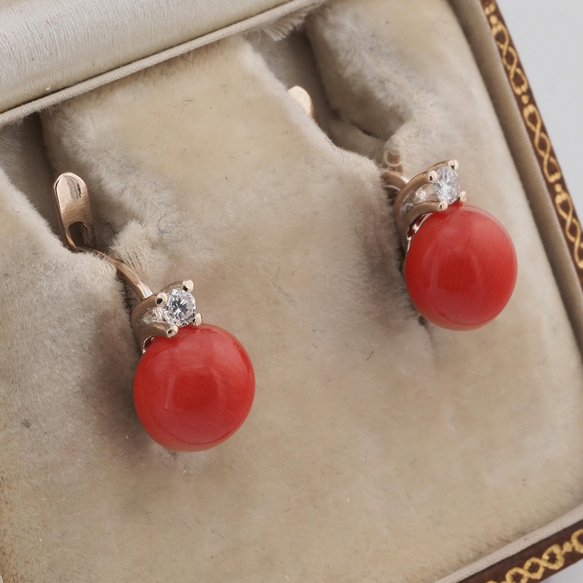 Brilliant Cut Vintage Style Natural Red Coral Diamond Monachina Earrings For Sale