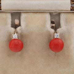Boucles d'oreilles Monachina en corail rouge naturel et diamant, style vintage