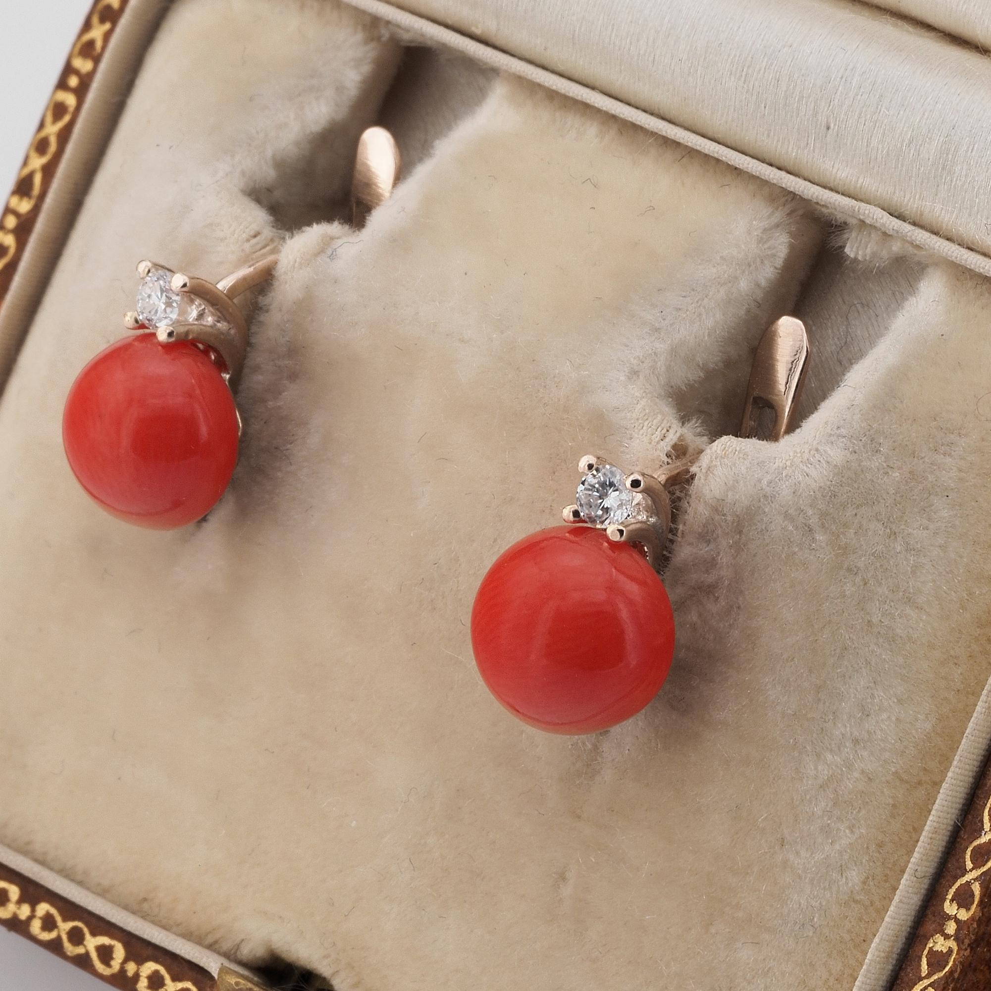 Contemporary Vintage Style Natural Red Coral Diamond Monachina Earrings For Sale