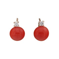 Vintage Style Natural Red Coral Diamond Monachina Earrings