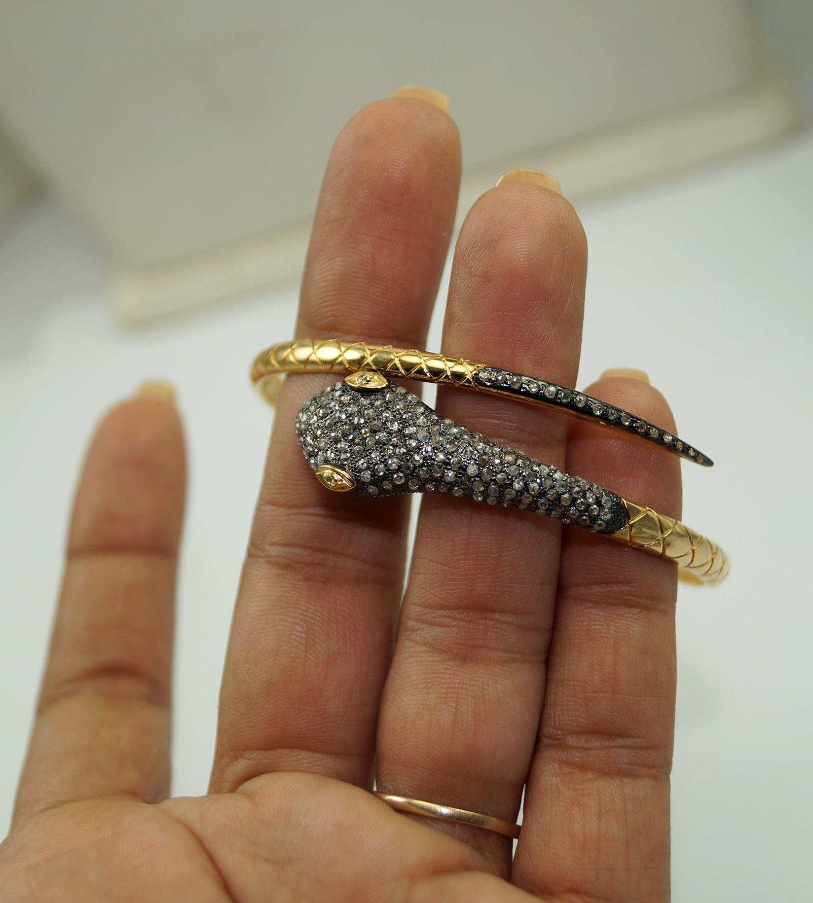 14k Gold Schlangen-Schlangenarmband im Vintage-Stil mit natürlichen Diamanten im Rosenschliff  im Angebot 1
