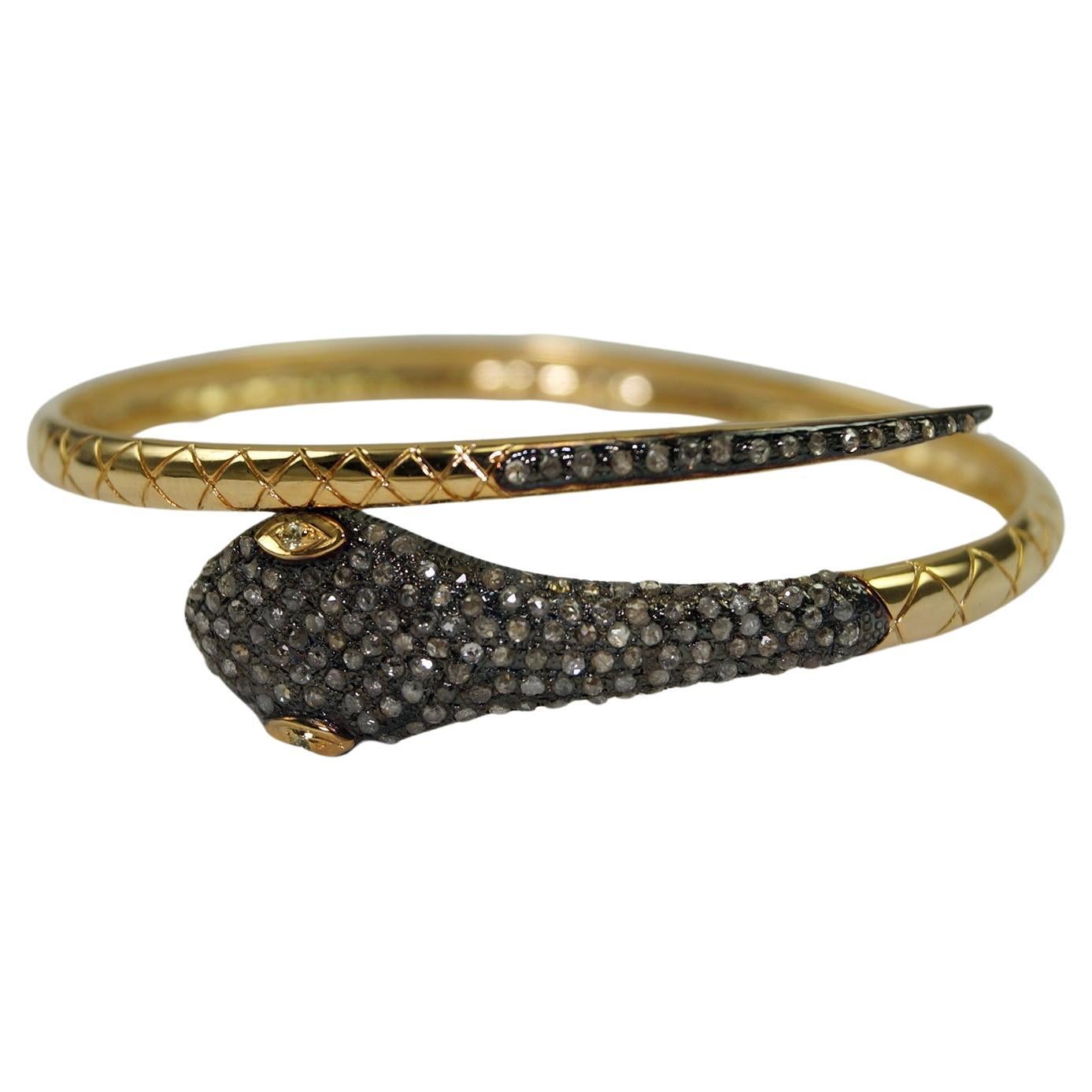 Vintage style Natural rose cut Diamonds 14k Gold serpent snake bracelet 