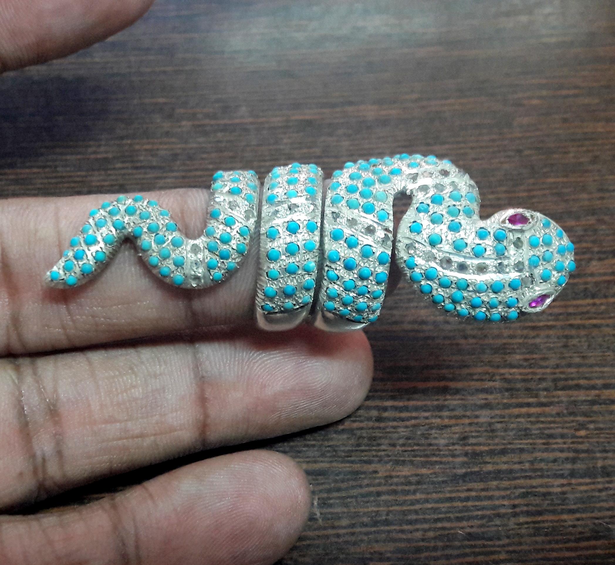 Artisan Vintage style natural Rose cut diamonds turquoise full finger snake Ring For Sale
