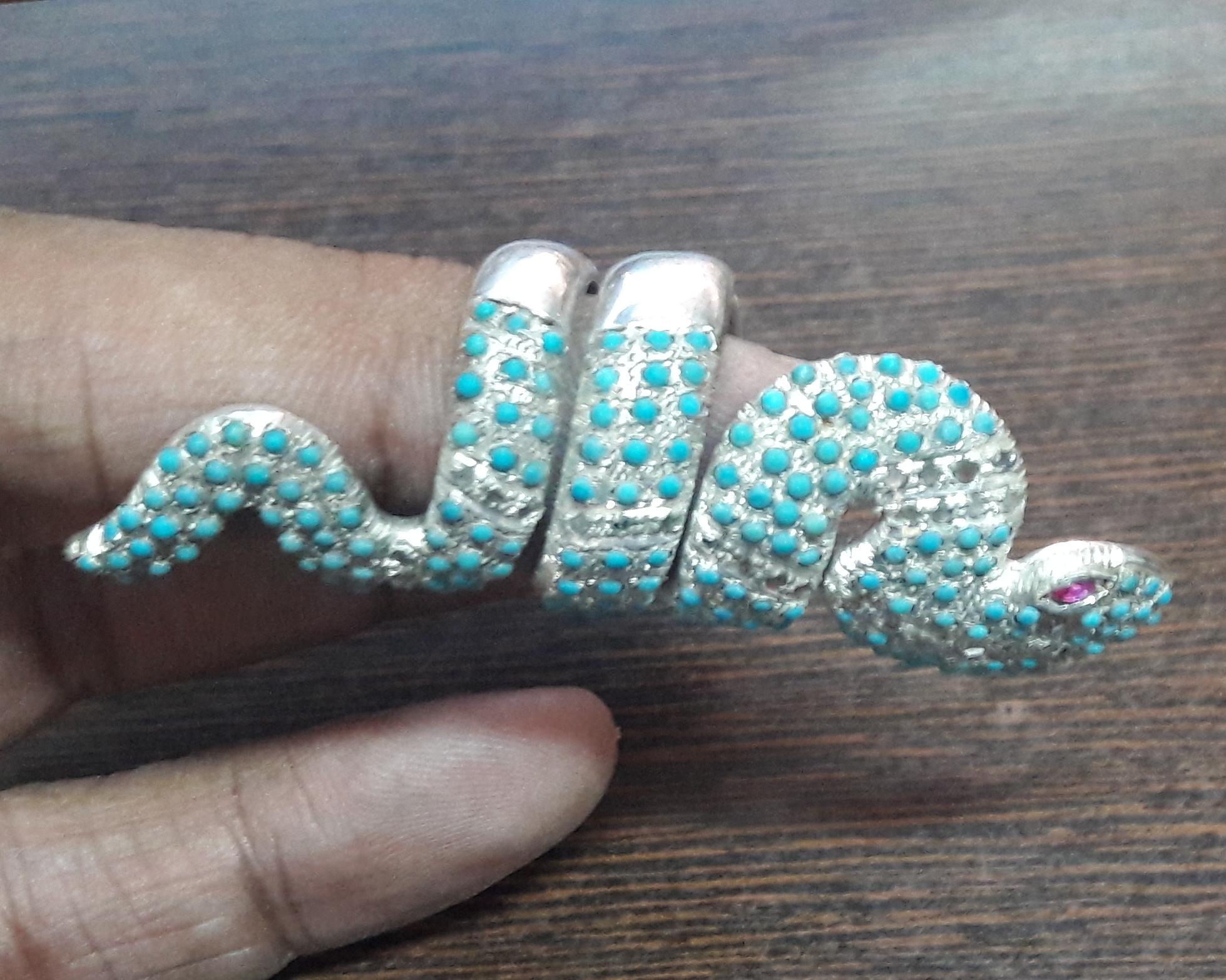 Rose Cut Vintage style natural Rose cut diamonds turquoise full finger snake Ring For Sale
