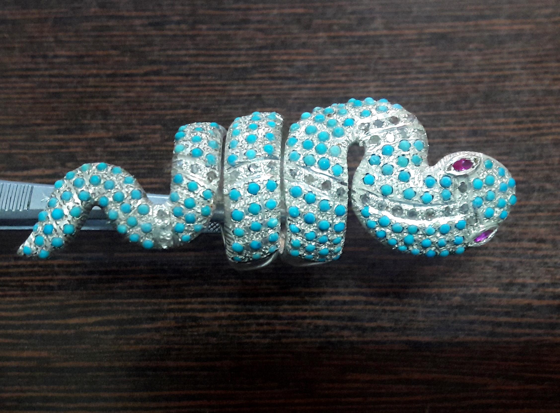 Vintage style natural Rose cut diamonds turquoise full finger snake Ring In New Condition For Sale In Delhi, DL
