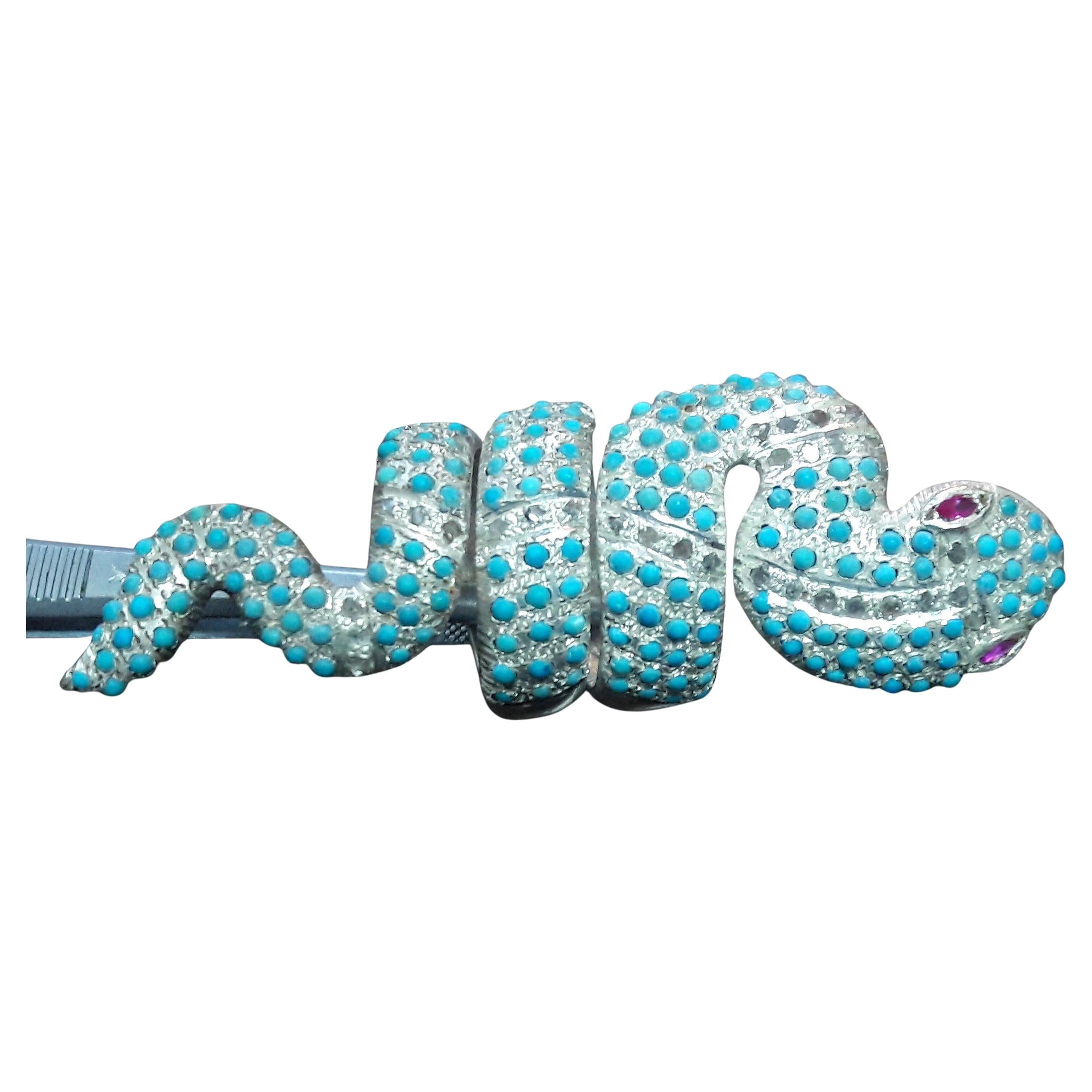 Vintage style natural Rose cut diamonds turquoise full finger snake Ring For Sale
