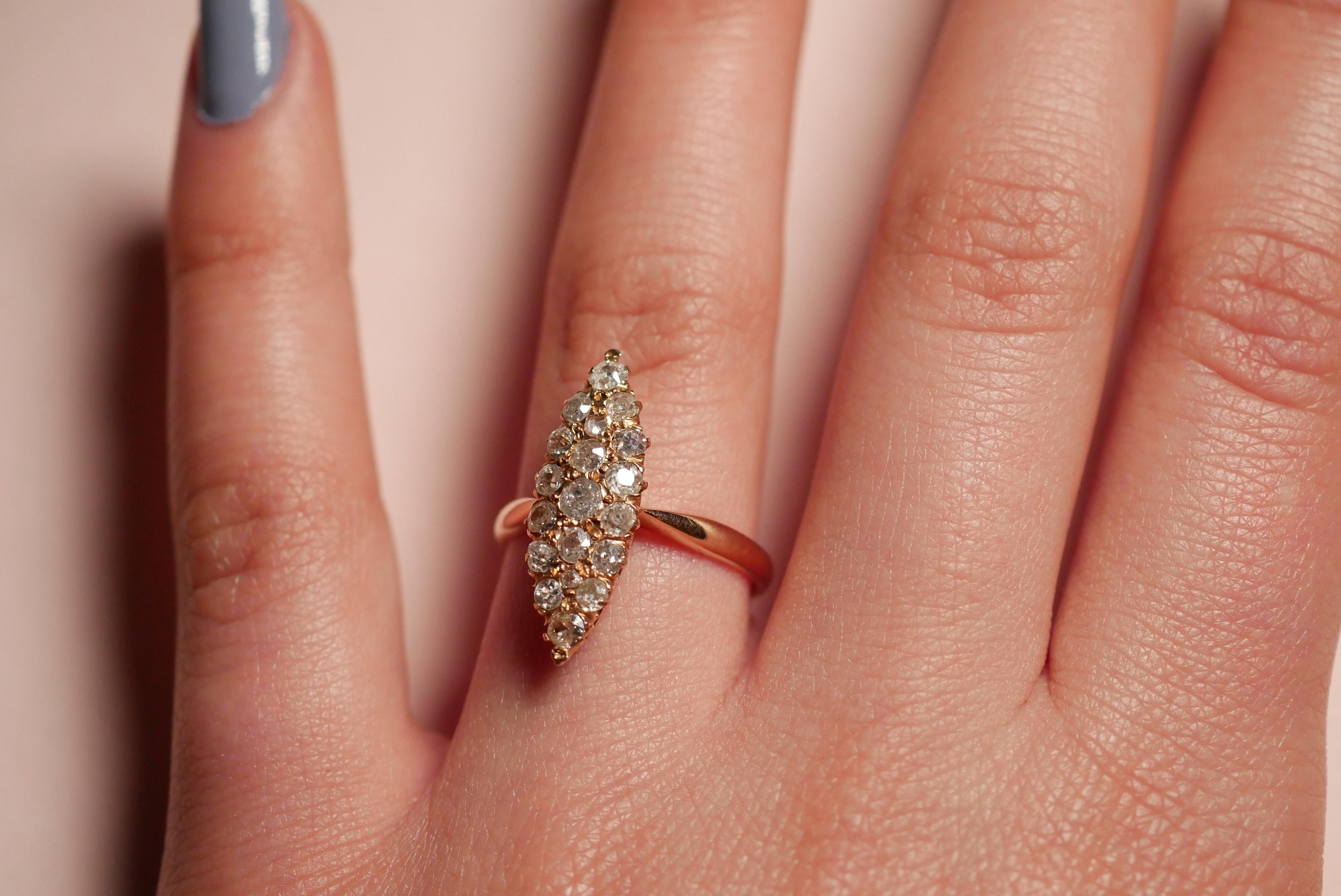 Victorian Vintage-Style Navette Diamond Cluster Ring in 18 Karat Rose Gold For Sale