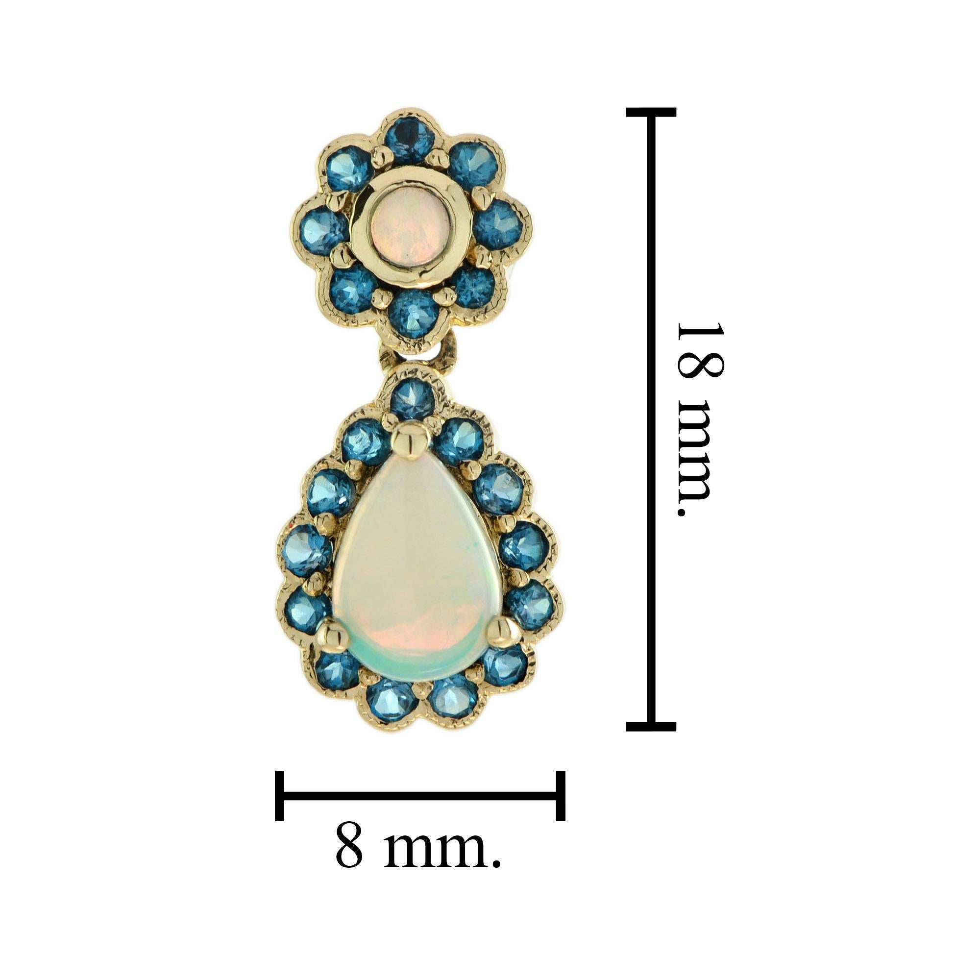 Pear Cut Vintage Style Opal and London Blue Topaz Accent Drop Earrings in 9k Yellow Gold