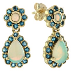 Vintage Style Opal and London Blue Topaz Accent Drop Earrings in 9k Yellow Gold