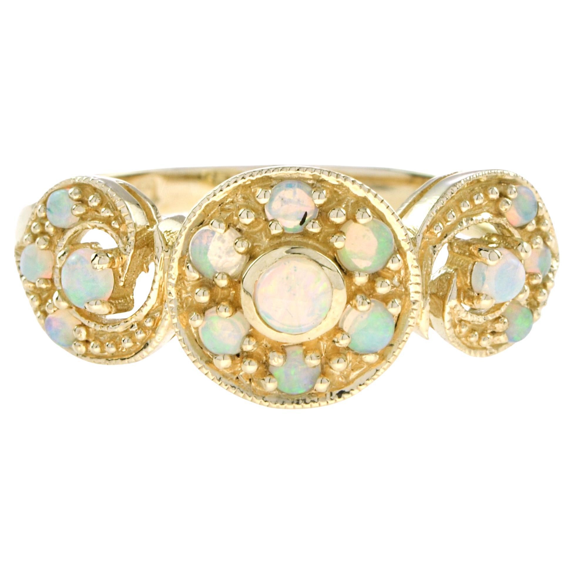 Vintage Style Opal Cluster Ring in 14K Yellow Gold For Sale