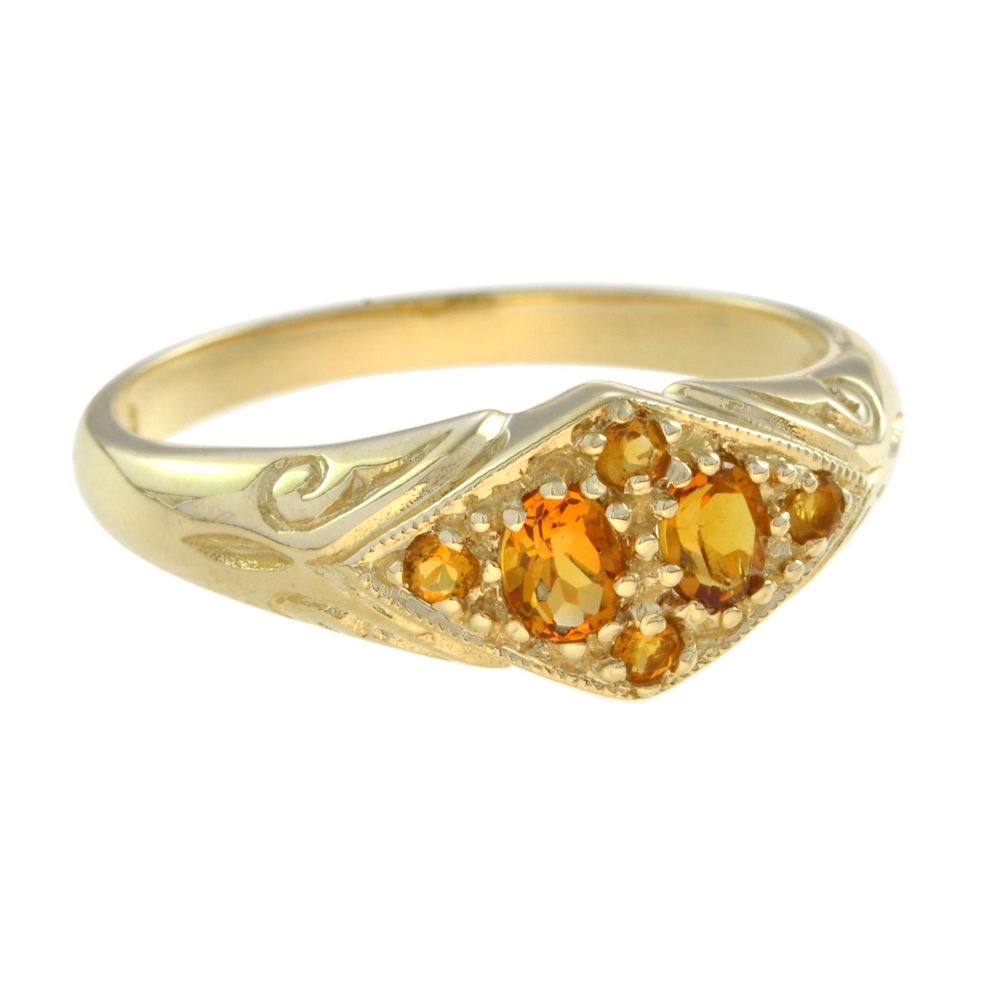 The color of the golden citrine complements the color of the yellow gold. What makes this ring so special is the amazing engraving detail. So you matter how you are admiring the ring on your finger, you will get to enjoy all of these little details.