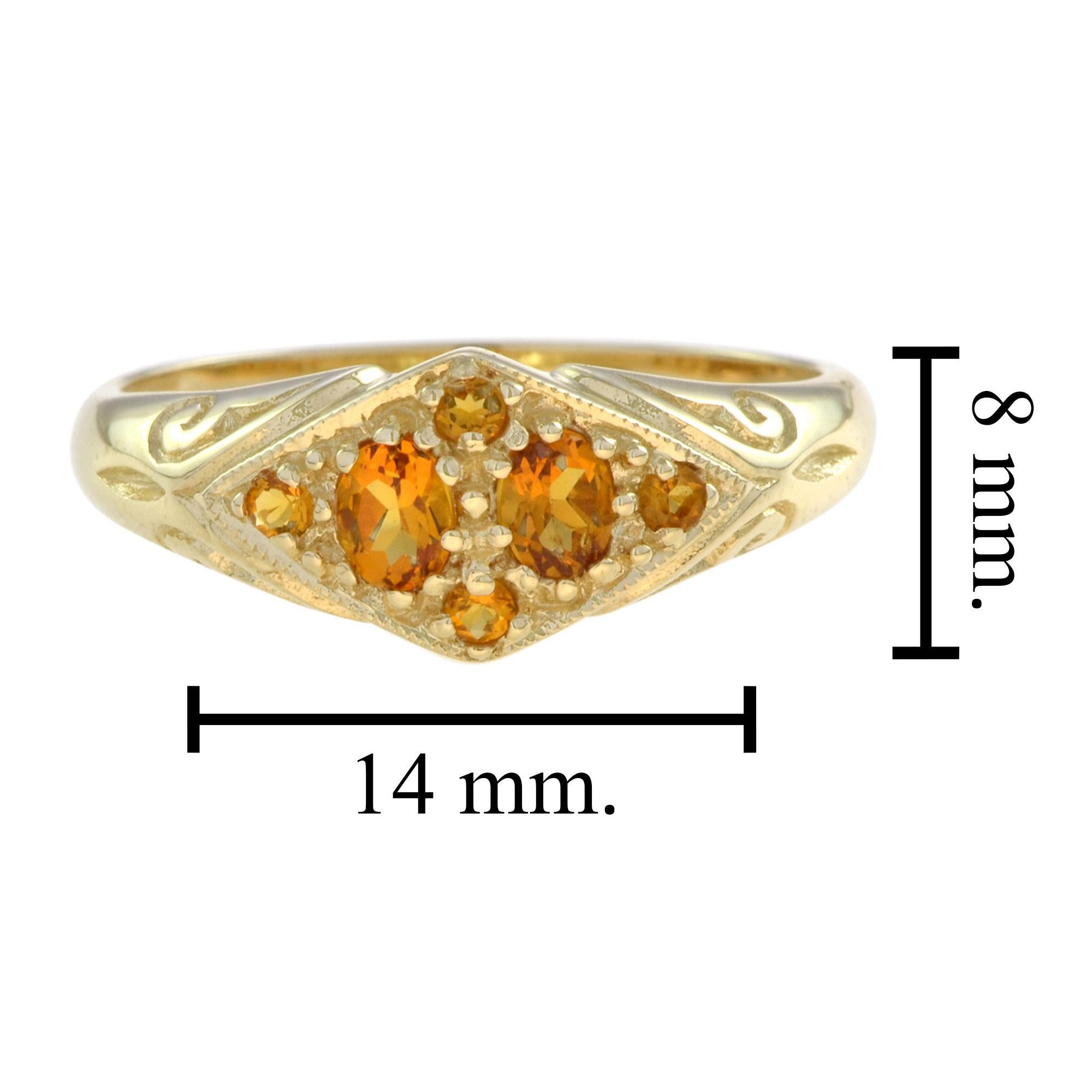 Vintage Style Orange Citrine Cluster 14K Yellow Gold Ring en vente 1