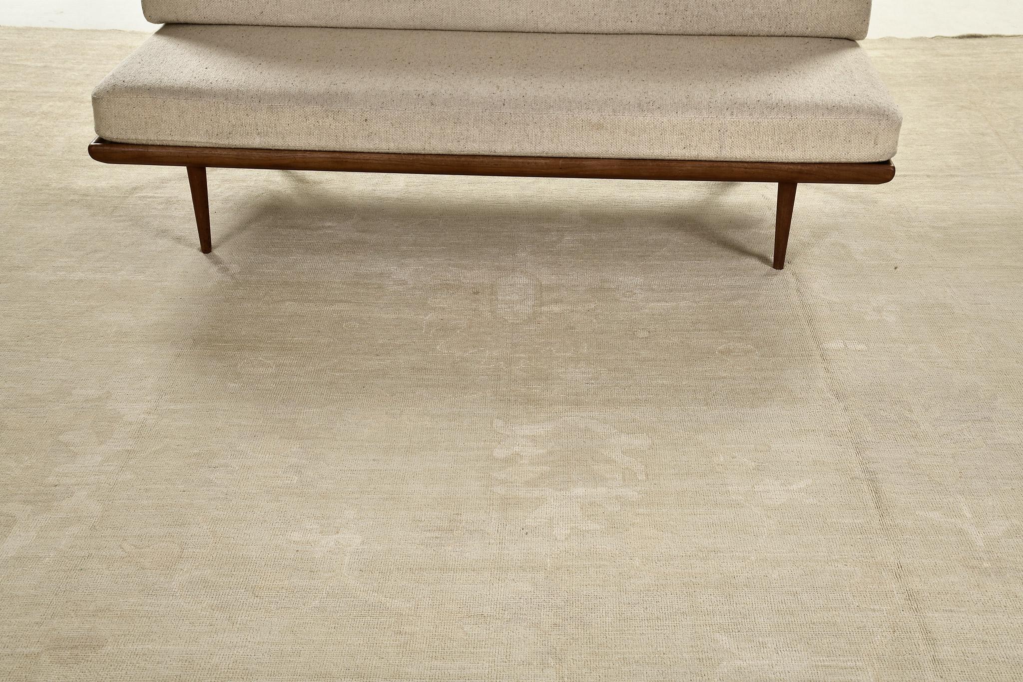 A classy hand spun wool revival of over-sized Oushak Rug has its unique florettes and vines that are incorporated with this design. It creates a soulful balance of everything from modern decor to traditional design. Neutral to lightest tone are