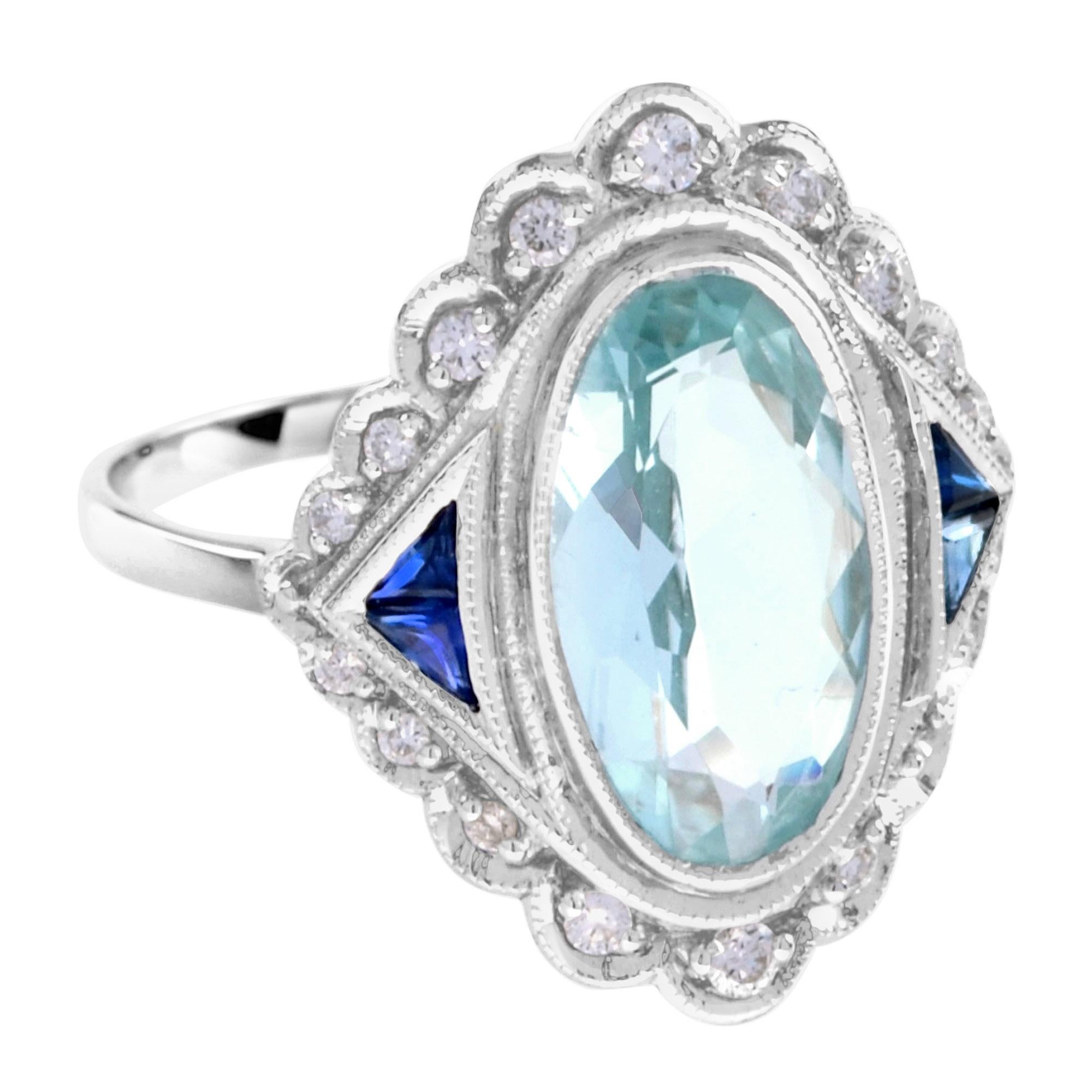 This ring has a vintage-inspired look featuring an oval-cut aquamarine center flanked by baguette-cut sapphire and round brilliant diamond accents set in white gold with milgrain edges.
Ring Information
Style: Vintage
Weight: 3.41 (approx. total