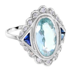 Vintage Style Oval Blauer Aquamarin & Saphir Diamant Cocktail Weißgold Ring