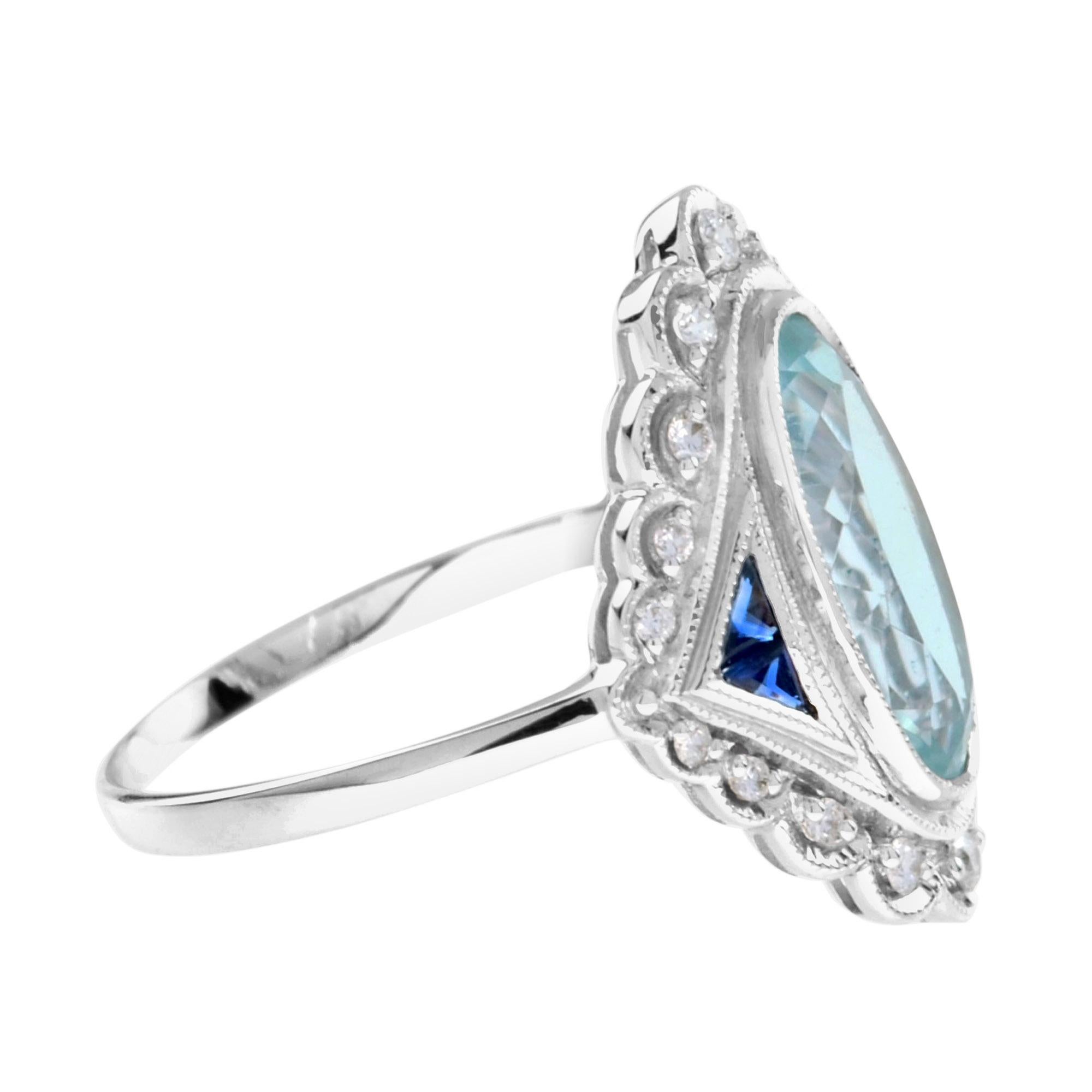 Oval Cut Vintage Style Oval Blue Aquamarine & Sapphire Diamond Cocktail White Gold Ring For Sale