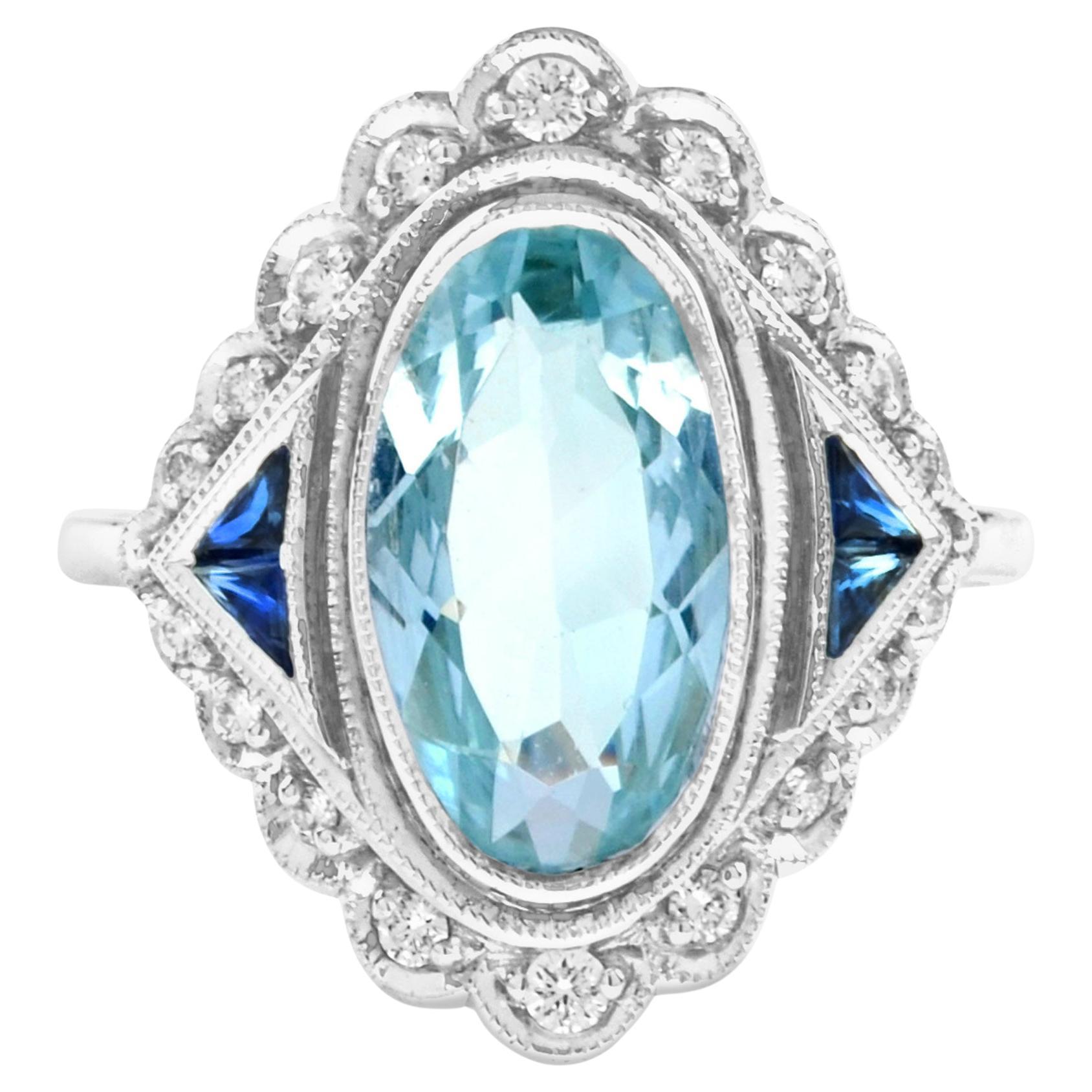 Vintage Style Oval Blue Aquamarine & Sapphire Diamond Cocktail White Gold Ring For Sale
