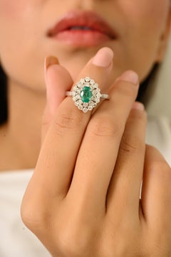 Vintage Style Oval Cut Emerald & Diamond Halo Engagement Ring 18K White Gold