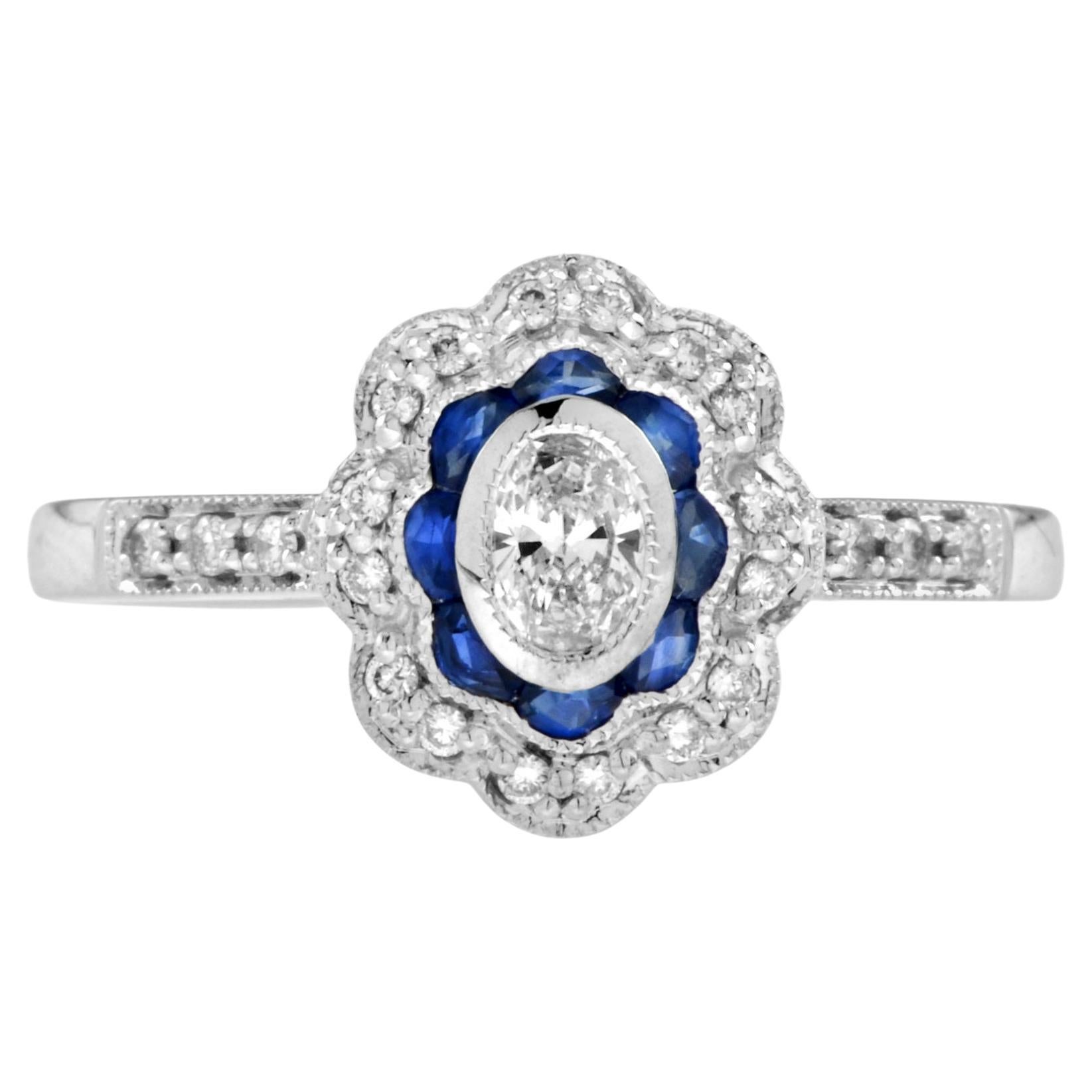 Vintage Style Oval Diamond and Blue Sapphire Halo Engagement Ring in 18k Gold For Sale