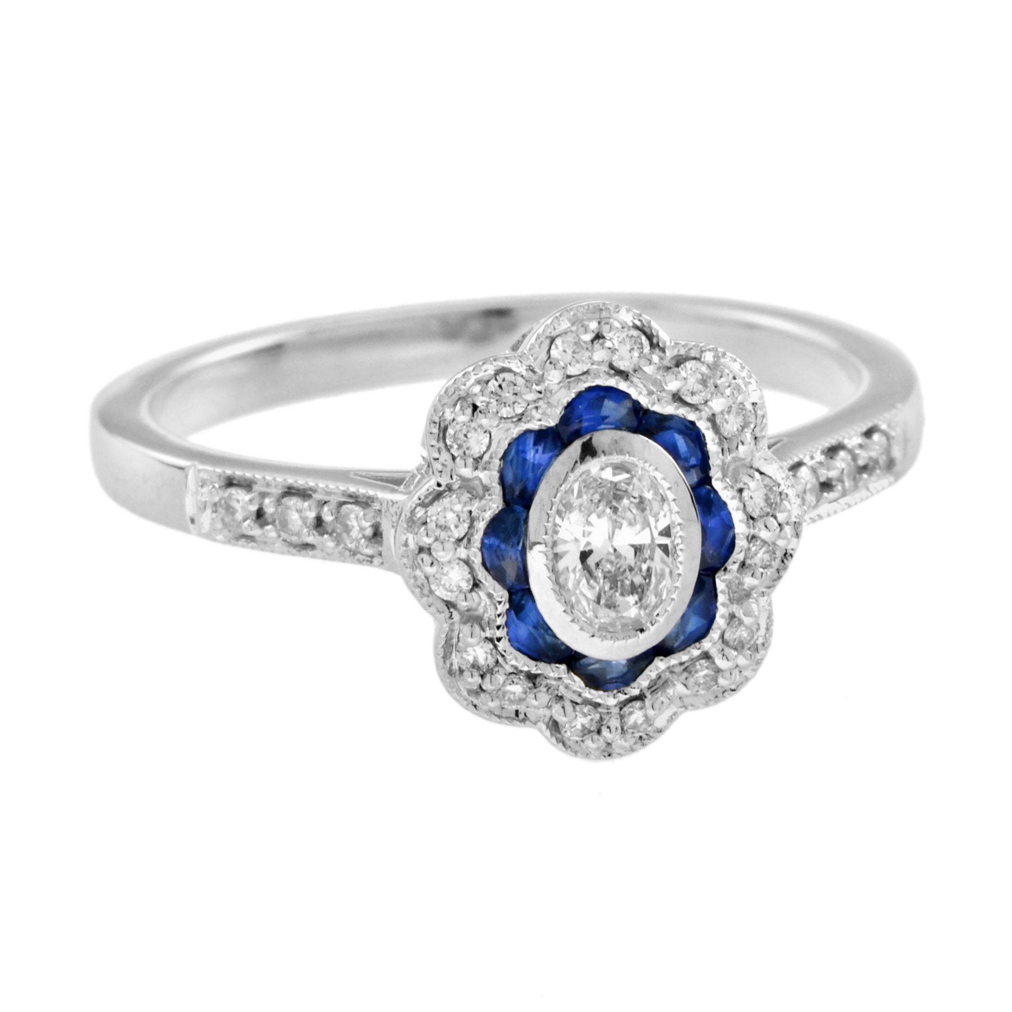This beautiful ring is a vintage inspired style, the popular halo ring features oval G color VS clarity diamond for its center, surrounded by French cut blue sapphire and round diamonds. This would make a wonderful engagement ring, or to commemorate