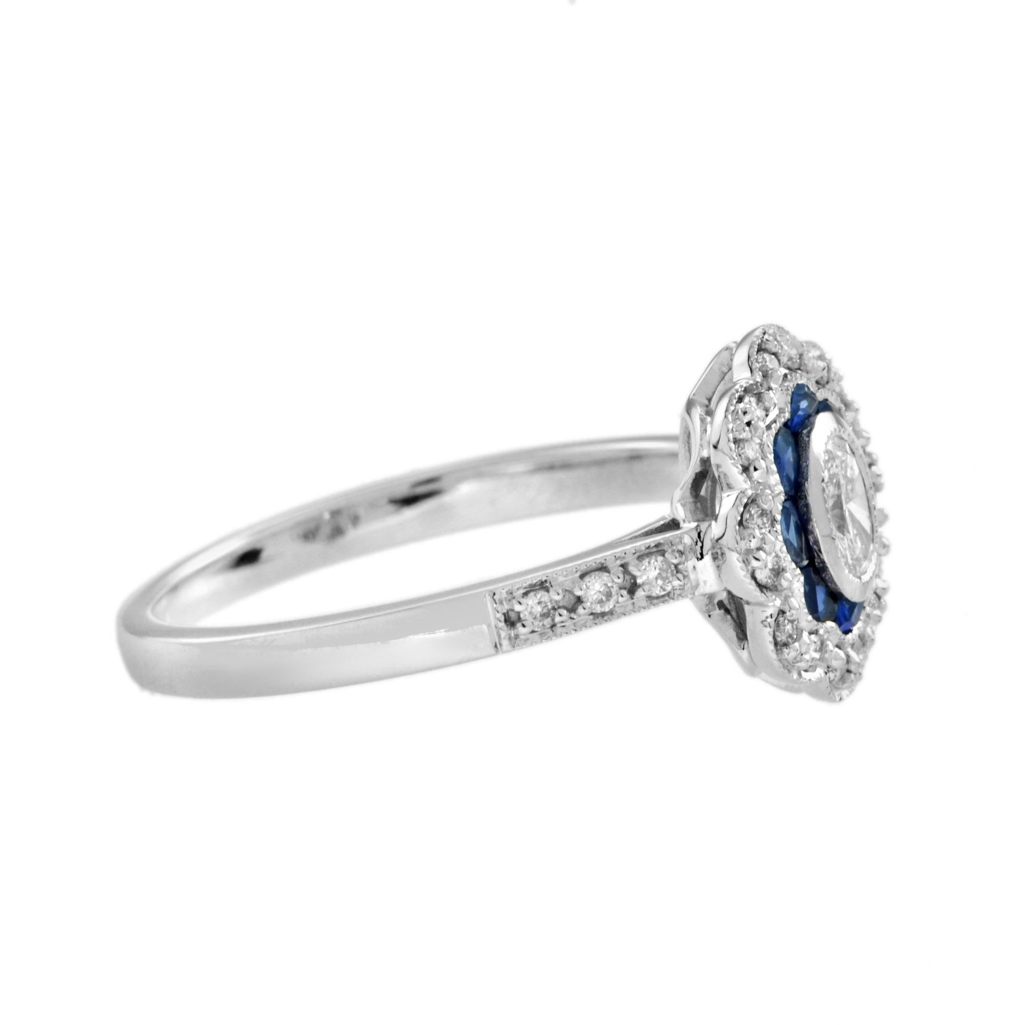 Art Deco Vintage Style Oval Diamond & Blue Sapphire Halo Statement White Gold Ring For Sale