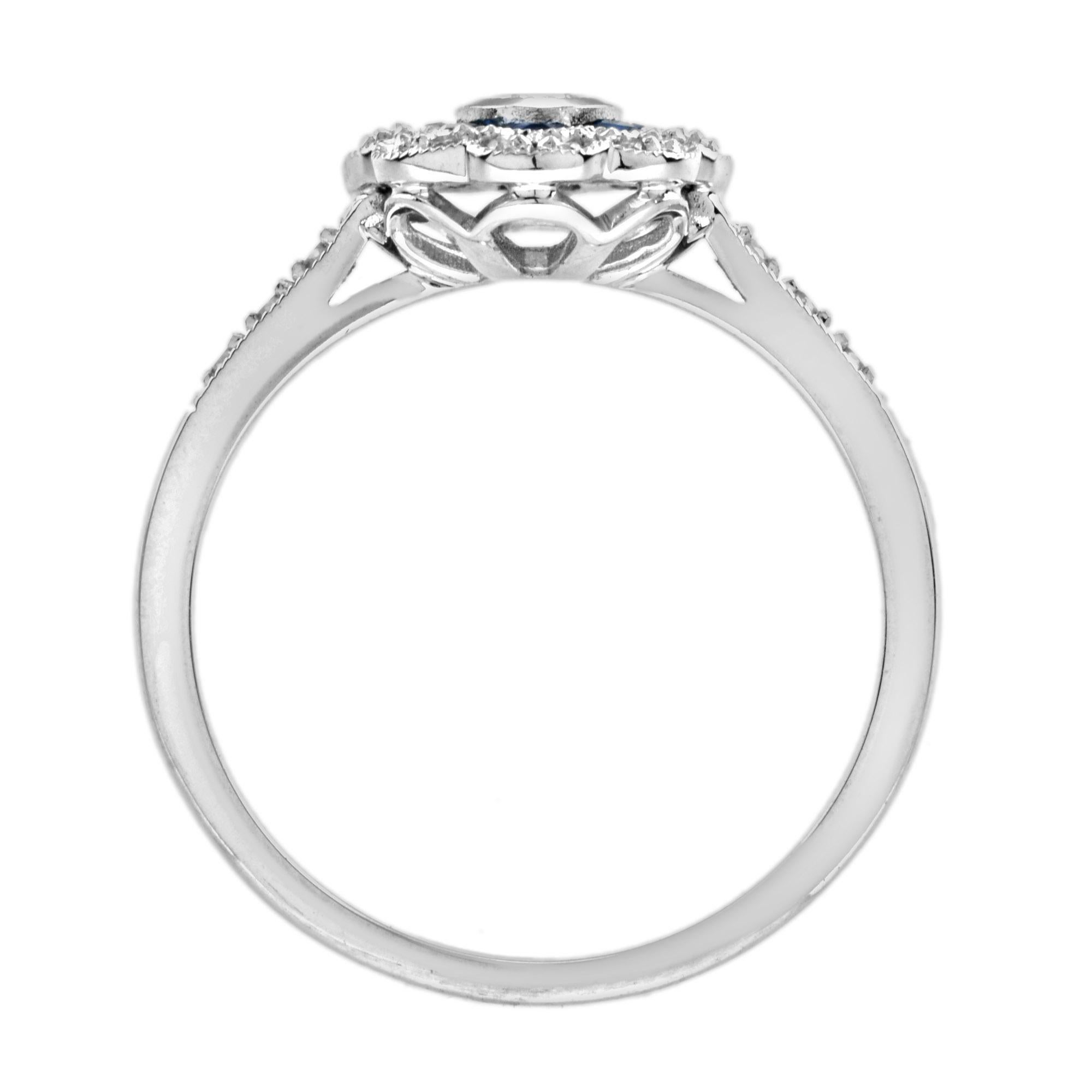 Oval Cut Vintage Style Oval Diamond & Blue Sapphire Halo Statement White Gold Ring For Sale