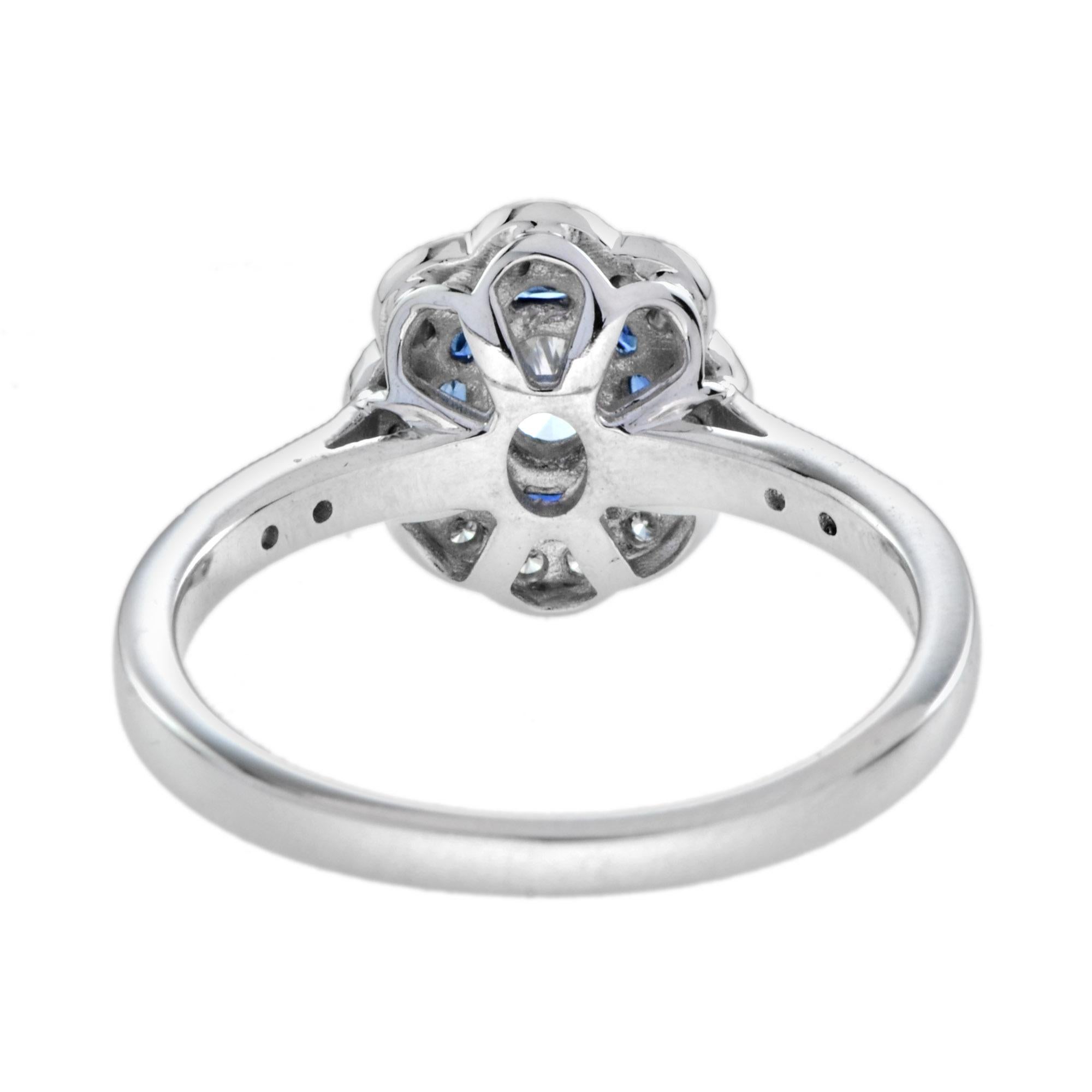Vintage Style Oval Diamond & Blue Sapphire Halo Statement White Gold Ring In New Condition For Sale In Oakton, VA