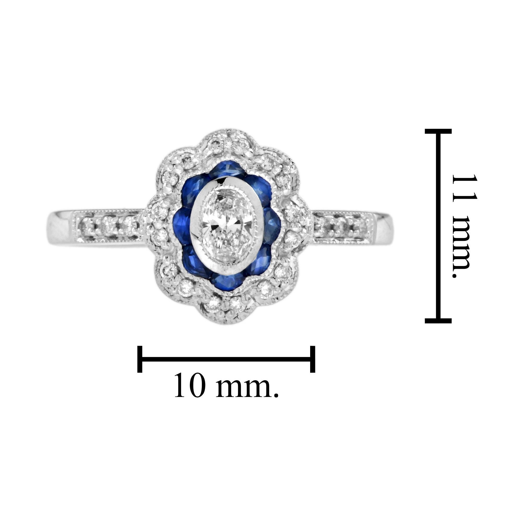 Vintage Style Oval Diamond & Blue Sapphire Halo Statement White Gold Ring For Sale 3