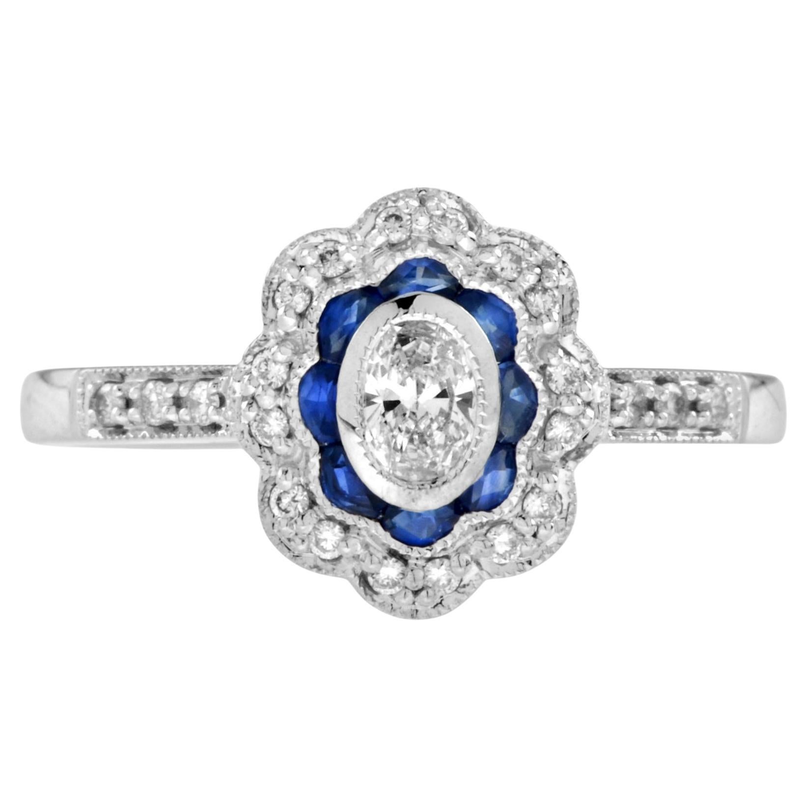 Vintage Style Oval Diamond & Blue Sapphire Halo Statement White Gold Ring