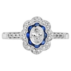 Vintage Style Oval Diamond & Blue Sapphire Halo Statement White Gold Ring