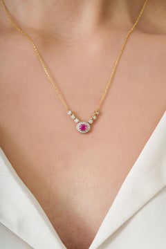 Vintage Style Oval Red Ruby & Diamond Halo Pendant Necklace in 14K Yellow Gold