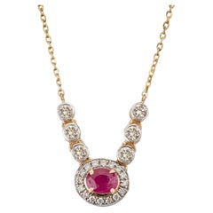 Vintage Style Oval Red Ruby & Diamond Halo Pendant Necklace in 14K Yellow Gold
