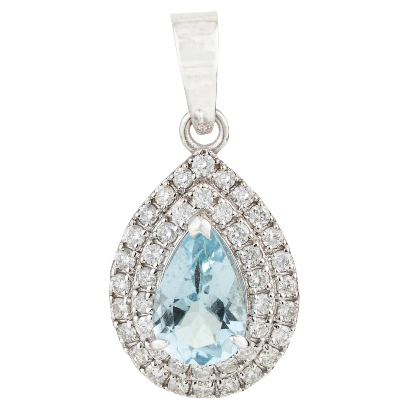 Vintage-Style Pear Aquamarine Diamond Double Halo Drop Pendant in 14K White Gold