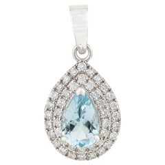 Vintage-Style Pear Aquamarine Diamond Double Halo Drop Pendant in 14K White Gold