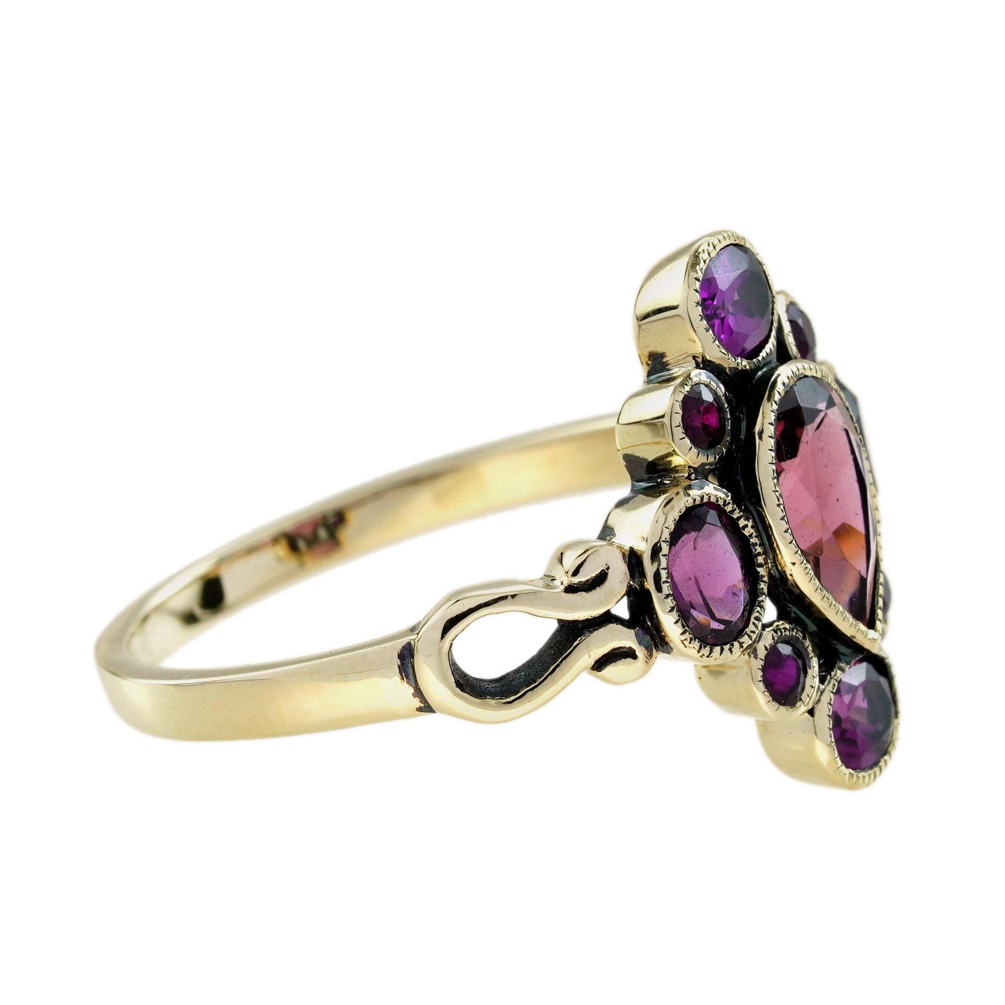 Pear Cut Vintage Style Pear Shape Pink Tourmaline & Ruby Rhodolite Cluster 9K Gold Ring For Sale