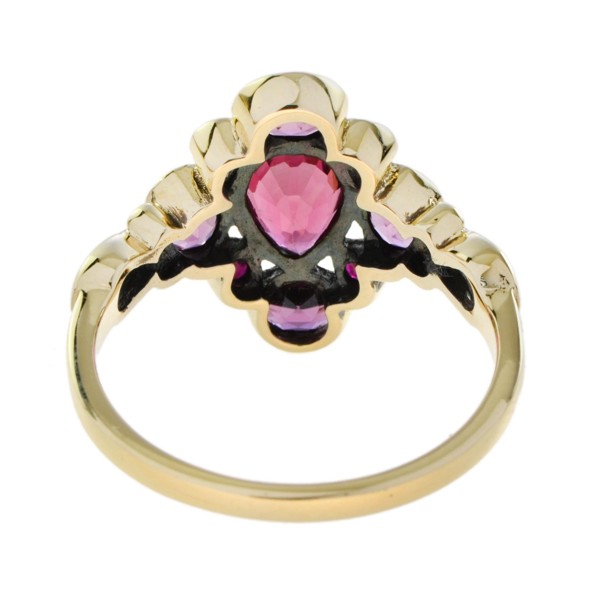 Vintage Style Pear Shape Pink Tourmaline & Ruby Rhodolite Cluster 9K Gold Ring In New Condition For Sale In Oakton, VA