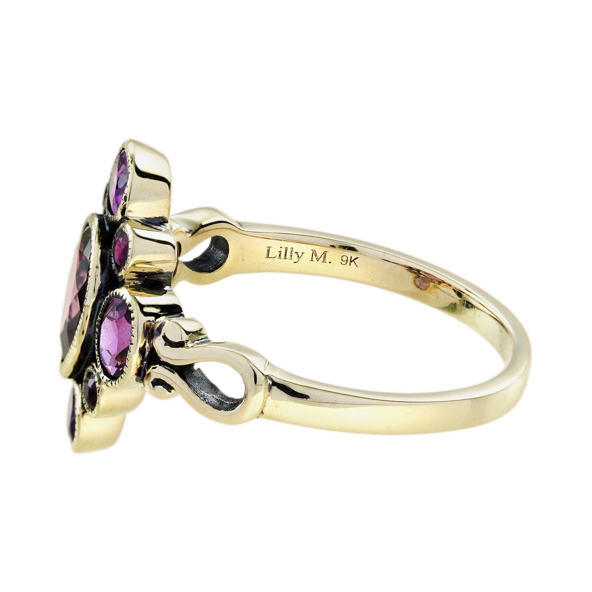 Women's Vintage Style Pear Shape Pink Tourmaline & Ruby Rhodolite Cluster 9K Gold Ring For Sale