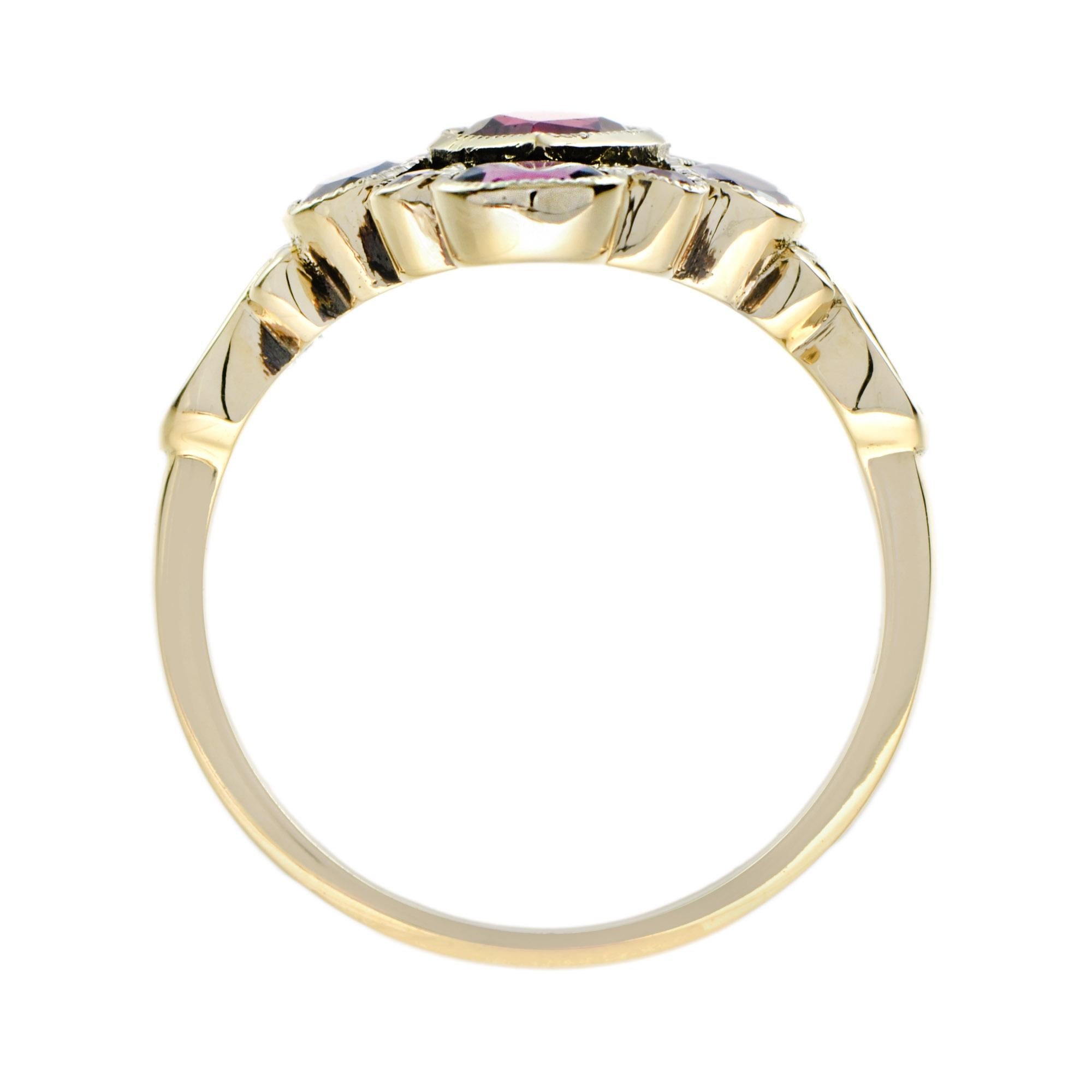Vintage Style Pear Shape Pink Tourmaline & Ruby Rhodolite Cluster 9K Gold Ring For Sale 1