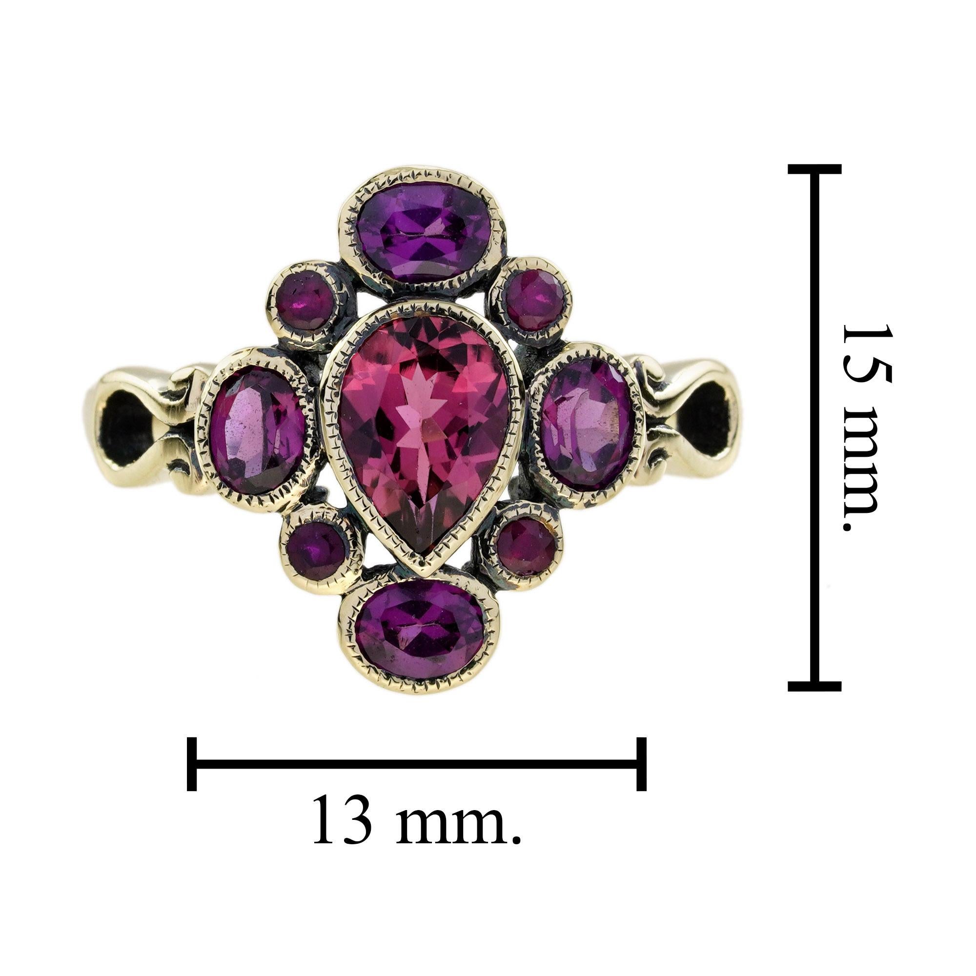 Vintage Style Pear Shape Pink Tourmaline & Ruby Rhodolite Cluster 9K Gold Ring For Sale 2