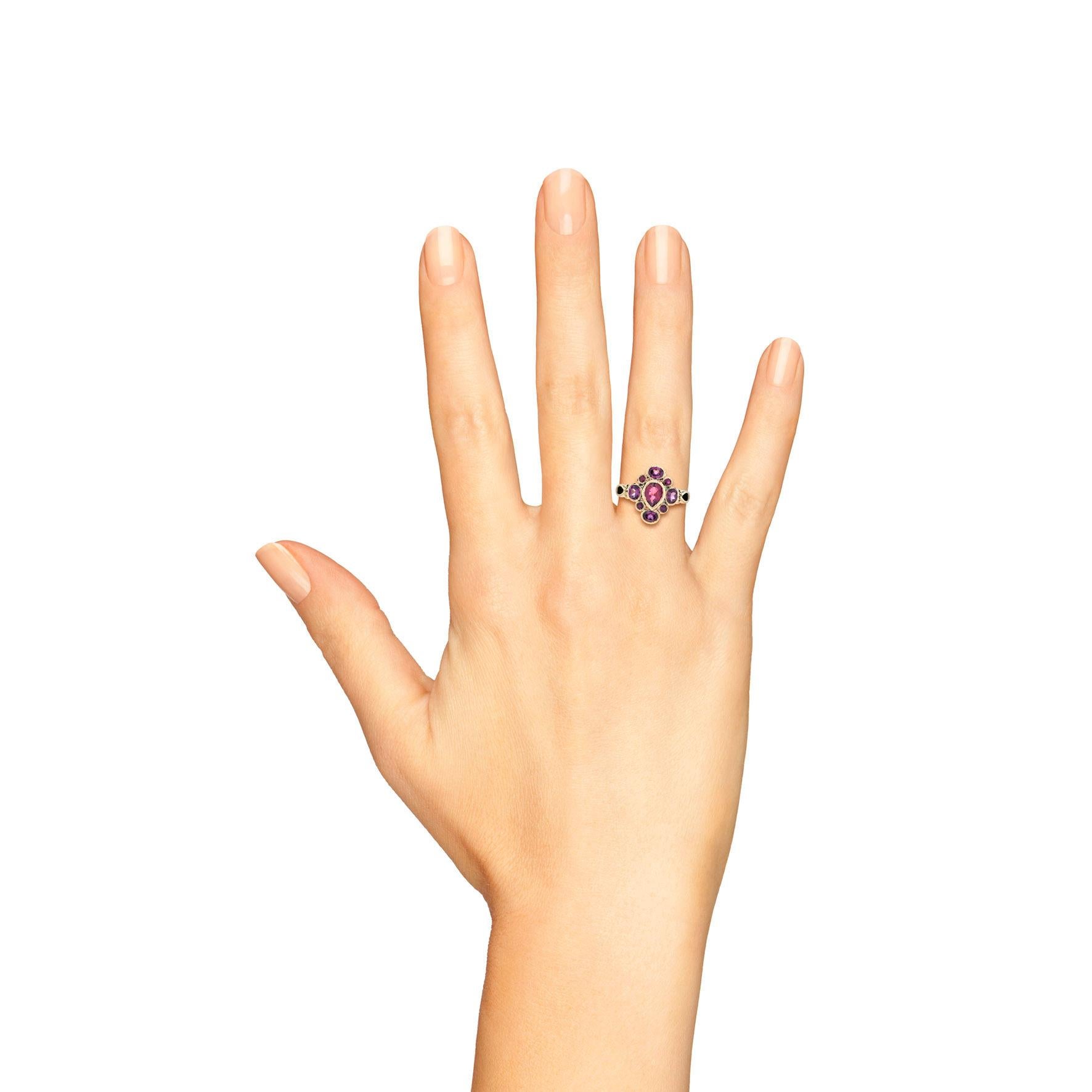 Vintage Style Pear Shape Pink Tourmaline & Ruby Rhodolite Cluster 9K Gold Ring For Sale 3