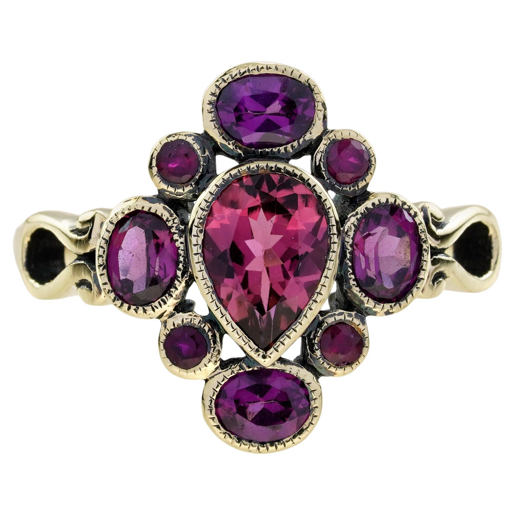 Vintage Style Pear Shape Pink Tourmaline & Ruby Rhodolite Cluster 9K Gold Ring For Sale