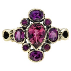 Vintage Style Pear Shape Pink Tourmaline & Ruby Rhodolite Cluster 9K Gold Ring
