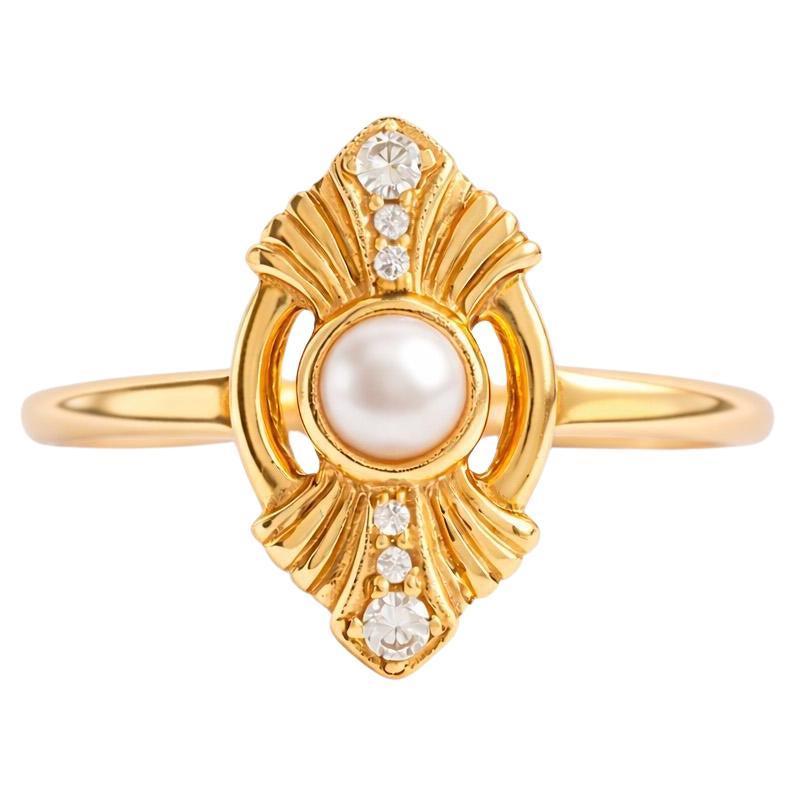 Im Angebot: Vintage Stil Perle 14k Gold Verlobungsring ()