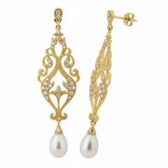 Vintage Style Pearl and Moissanites Drop Earrings silver, gold