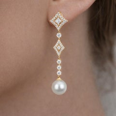 Vintage Style Pearl and Moissanites Drop Earrings silver, gold