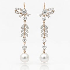 Pendientes estilo vintage de perlas y moissanitas plata, oro