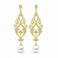 Vintage Style Pearl and Moissanites Drop Earrings silver, gold