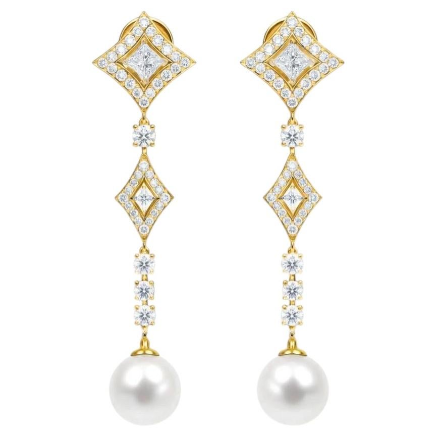 Vintage Style Pearl and Moissanites Drop Earrings silver, gold For Sale
