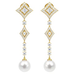 Vintage Style Pearl and Moissanites Drop Earrings silver, gold