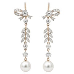 Pendientes estilo vintage de perlas y moissanitas plata, oro